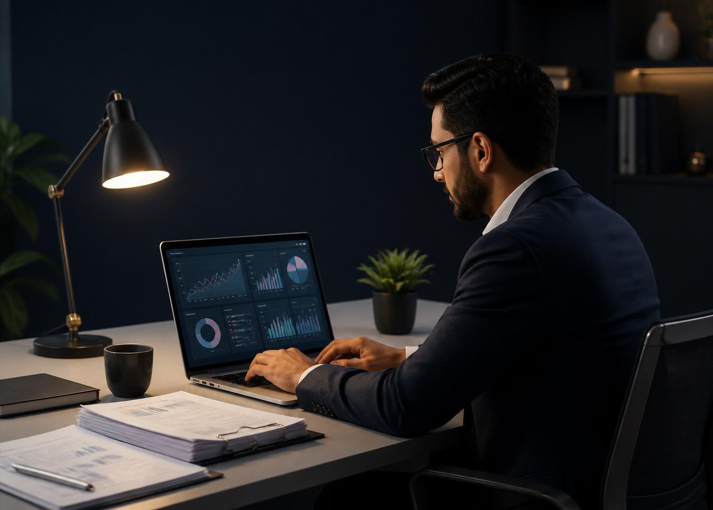 Contador analisando documentos e dashboard financeiro em escritório moderno.