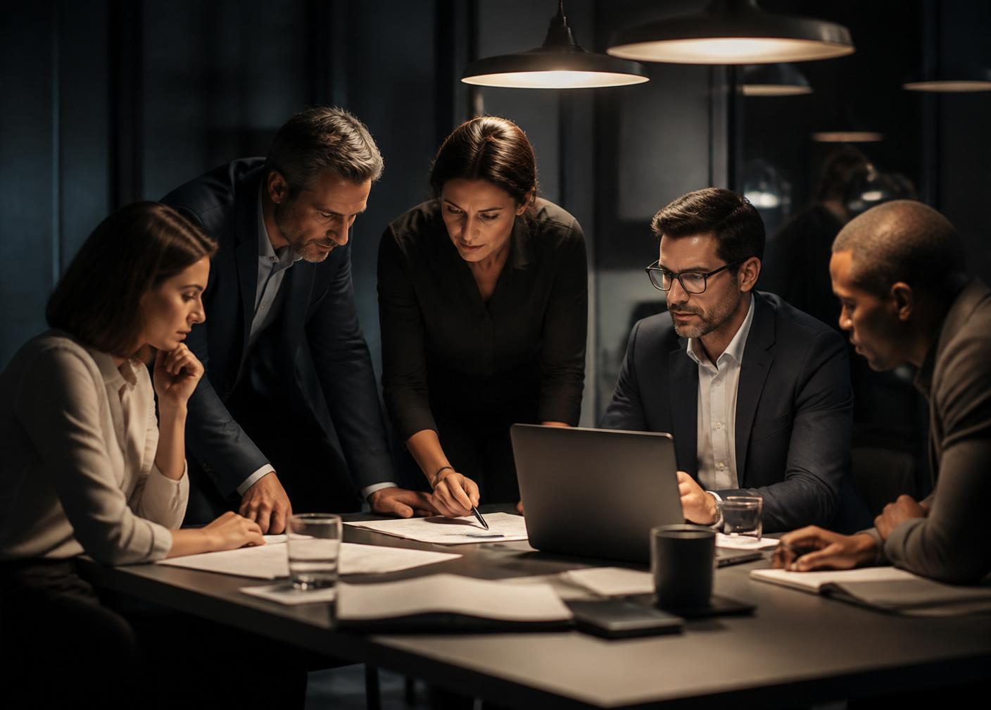 Equipe de campanha em ambiente profissional revisando documentos e informações em notebook.