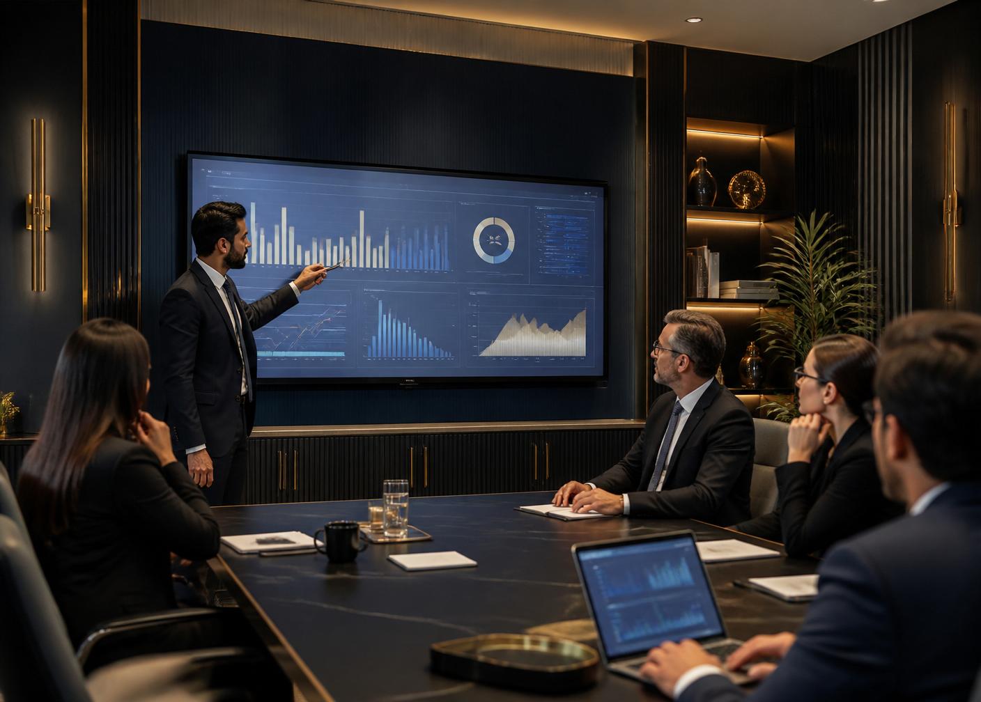 Reunião institucional em sala moderna com pessoas analisando dashboards em uma tela grande.